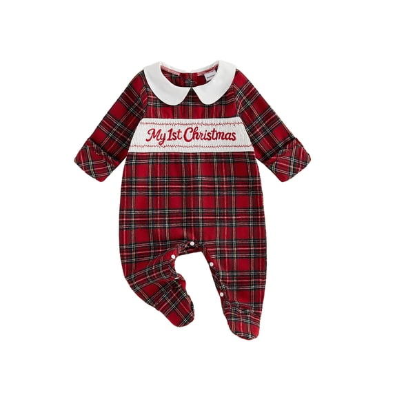 Cjfdfy Newborn Baby Girl Boy Christmas Romper Outfit My 1St Christmas Embroidery Long Sleeve Plaid Print Footies Jumpsuit Infant Cute Christmas Fall Winter Outfit 0-6M