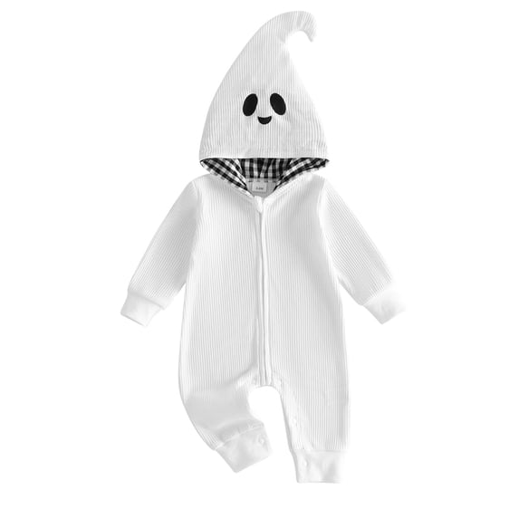 Cjfdfy Newborn Baby Girl Boy Halloween Fall Outfit Pumpkin Ghost Halloween Costume Long Sleeve Hooded Zipper Jumpsuit My First Halloween Fall Winter Outfit 0-18M