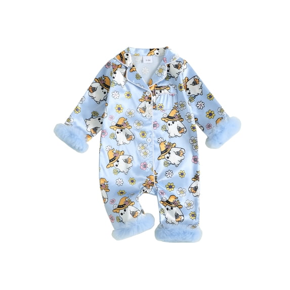 Cjfdfy Newborn Baby Girl Boy Halloween Fall Pajamas Romper Ghost Floral Print Long Sleeve Fuzzy Trim Lapel V Neck Pajamas Silky Button-up Sleepsuit Cute My First Halloween Fall Winter Pjs 0-2Y 