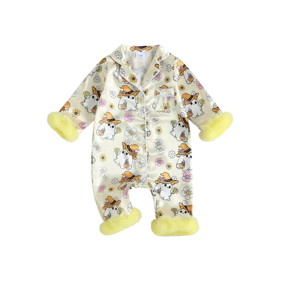 Cjfdfy Newborn Baby Girl Boy Halloween Fall Pajamas Romper Ghost Floral Print Long Sleeve Fuzzy Trim Lapel V Neck Pajamas Silky Button-up Sleepsuit Cute My First Halloween Fall Winter Pjs 0-2Y 
