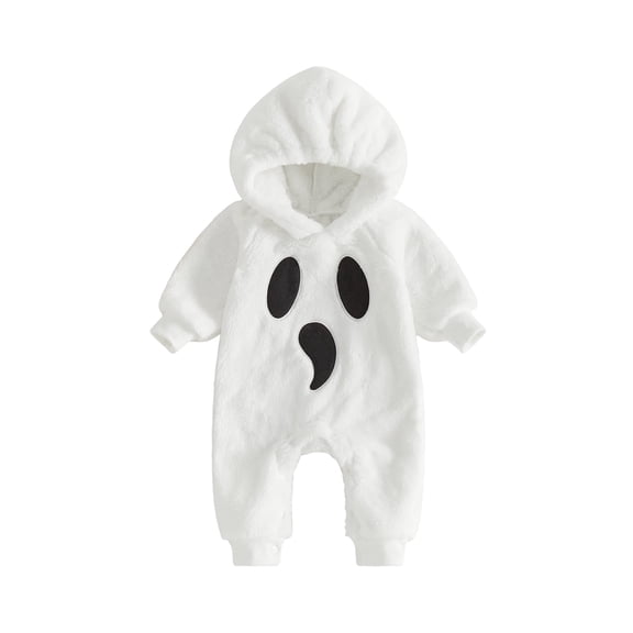 Cjfdfy Newborn Baby Girl Boy Halloween Ghost Costume, Plush Long Sleeve Hooded Romper Cute Ghost Face Embroidery Jumpsuit Size 0-18M