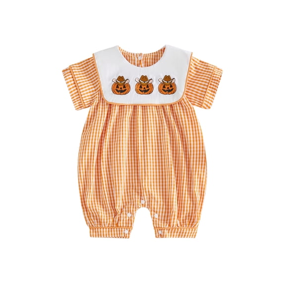 Cjfdfy Newborn Baby Girl Boy Halloween Outfit Infant Baby Girls Boys Summer Fall Clothes Plaid Gingham Bubble Romper Cute Pumpkin Embroidered Short Sleeve Jumpsuit Playsuit Holiday Clothes