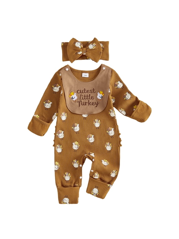 Newborn Baby Girl Boy Thanksgiving Outfit Cutest Little Turkey Long Sleeve Ribbed Romper Removable Bib Snd Headband Infant Cute My First Thanksgiving Clothes 0-6M 