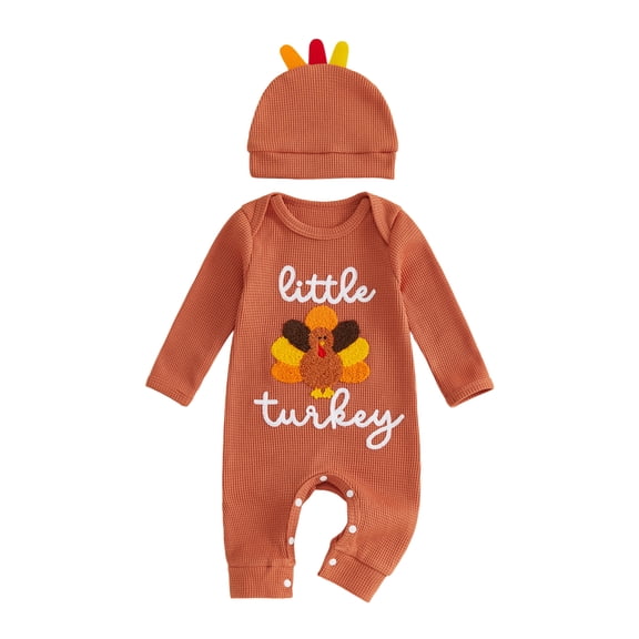 Cjfdfy Newborn Baby Girl Boy Thanksgiving Outfit Mama's Little Turkey Embroidery Ribbed Long Sleeve Romper And Hat Infant Cute My First Thanksgiving Fall Winter Clothes 0-12M 