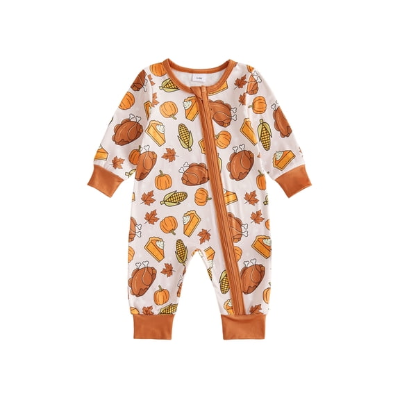 Cjfdfy Newborn Baby Girl Boy Thanksgiving Outfit Romper Turkey Pumpkin Print Long Sleeve Zip Up Fall Jumpsuit Infant Cute My First Thanksgiving Fall Winter Clothes 0-18M