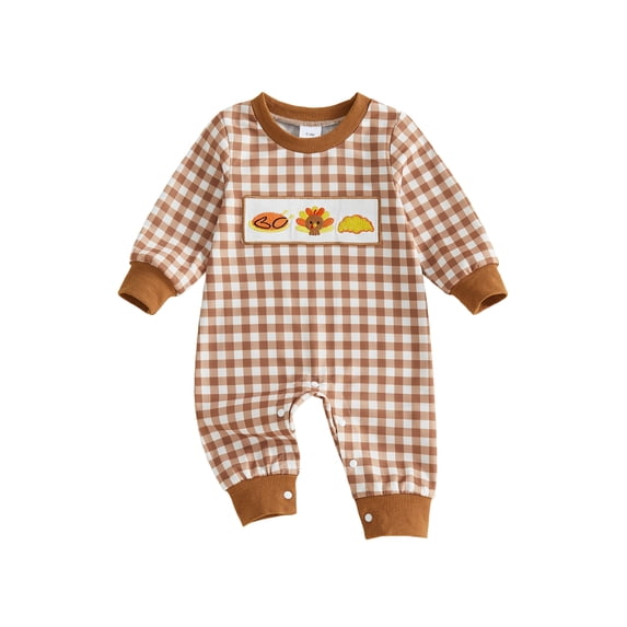 Cjfdfy Newborn Baby Girl Boy Thanksgiving Outfit Turkey Embroidery Plaid Print Long Sleeve Romper Fall Holiday Outfit Infant Cute My First Thanksgiving Fall Winter Clothes 0-18M