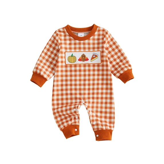 Cjfdfy Newborn Baby Girl Boy Thanksgiving Outfit Turkey Embroidery Plaid Print Long Sleeve Romper Fall Holiday Outfit Infant Cute My First Thanksgiving Fall Winter Clothes 0-18M