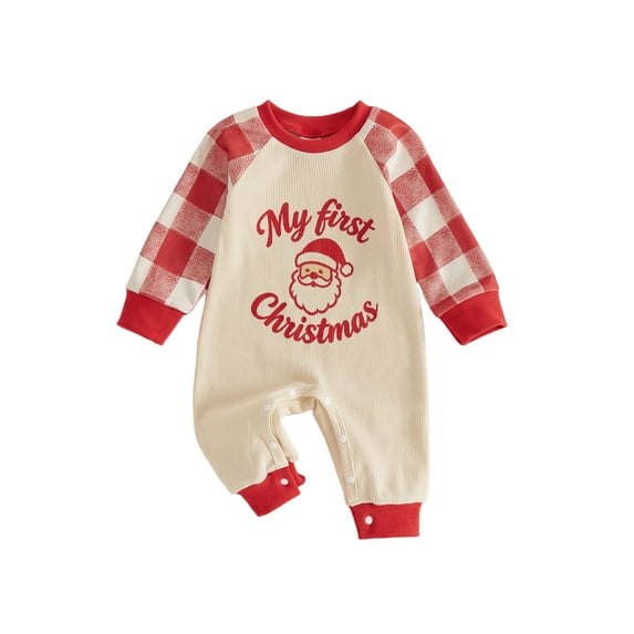Cjfdfy Newborn Baby Girl Boys Christmas Jumpsuit Santa Claus Tree Plaid Long Sleeve Romper Little Baby Cute My First Christmas Fall Winter Outfits 0-18M