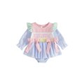 thumbnail image 1 of Cjfdfy Newborn Baby Girl Christian Romper Dress Jesus Loves Me Ruffle Embroidery Long Sleeve Striped Bow Jumpsuit Little Baby Cute Holiday Fall Winter Clothes 0-18M, 1 of 9