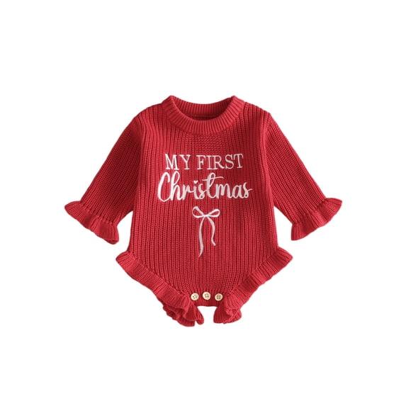 Cjfdfy Newborn Baby Girl Christmas Clothes Knit Ruffled Sweater Romper First Christmas Letter Bow Embroidery Bodysuits Infant Christmas Fall Winter Warm Clothes 0-12M