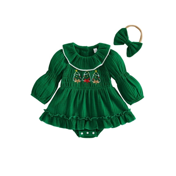 Cjfdfy Newborn Baby Girl Christmas Clothes Santa Claus Christmas Tree Long Sleeve Ruffled Bubble Romper With Headband Cute My First Christmas Fall Winter Holiday Set 0-18 Months