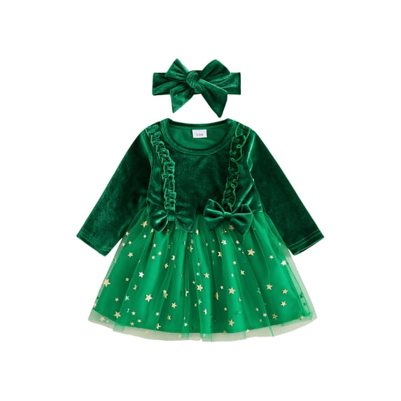 Cjfdfy Newborn Baby Girl Christmas Dress Outfit Star Print Velvet Long Sleeves Tulle Dress With Bow Headband Infant Cute My First Christmas Fall Winter Holiday Dresse Set 0-18M