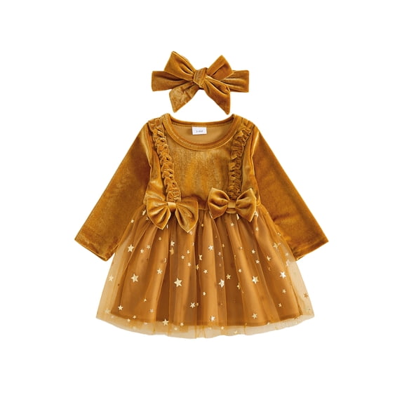 Cjfdfy Newborn Baby Girl Christmas Dress Outfit Star Print Velvet Long Sleeves Tulle Dress With Bow Headband Infant Cute My First Christmas Fall Winter Holiday Dresse Set 0-18M