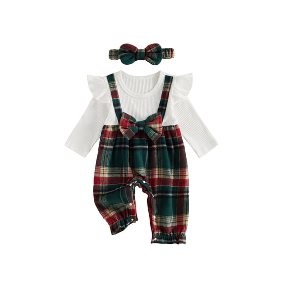 Cjfdfy Newborn Baby Girl Christmas Fall Clothes Set Christmas Plaid Striped Ruffle Long Sleeve Ribbed Jumpsuit Bow Headband Infant Cute Christmas Fall Winter Outfit 0-18 Months