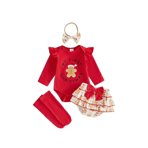 Cjfdfy Newborn Baby Girl Christmas Fall Outfit Christmas Applique Long Sleeve Romper Ruffled Skirt Stockings and Bow Headband 4pcs Infant Cute My 1st Christmas Outfit 0-18M