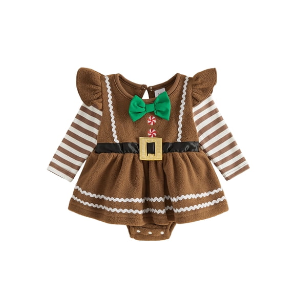 Cjfdfy Newborn Baby Girl Christmas Fall Outfit Gingerbread Man Fleece Long Sleeve Striped Romper Dress Infant Cute My First Christmas Fall Winter Outfit 0-18 Months