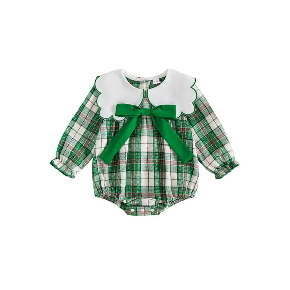 Cjfdfy Newborn Baby Girl Christmas Fall Outfit Green Plaid Print Long Sleeve Bow Collar Bubble Romper Infant Cute My First Christmas Fall Winter Outfit 0-18 Months