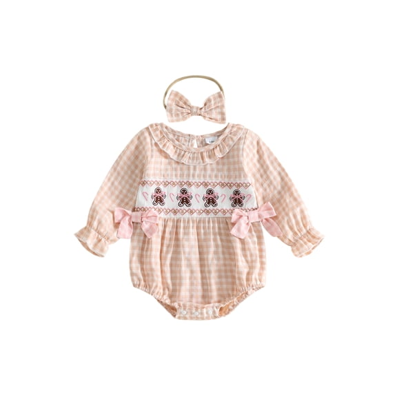 Cjfdfy Newborn Baby Girl Christmas Fall Outfit Reindeer Gingerbread Man Embroidery Puff Long Sleeve Bubble Romper And Headband Infant My First Christmas Fall Winter Clothes 0-18 Months