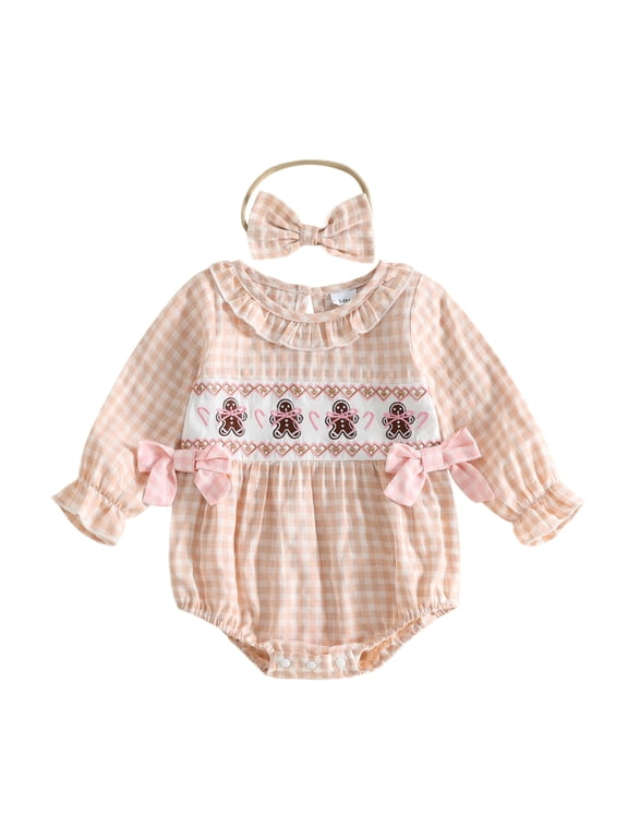 Newborn Baby Girl Christmas Fall Outfit Reindeer Gingerbread Man Embroidery Puff Long Sleeve Bubble Romper And Headband Infant My First Christmas Fall Winter Clothes 0-18 Months