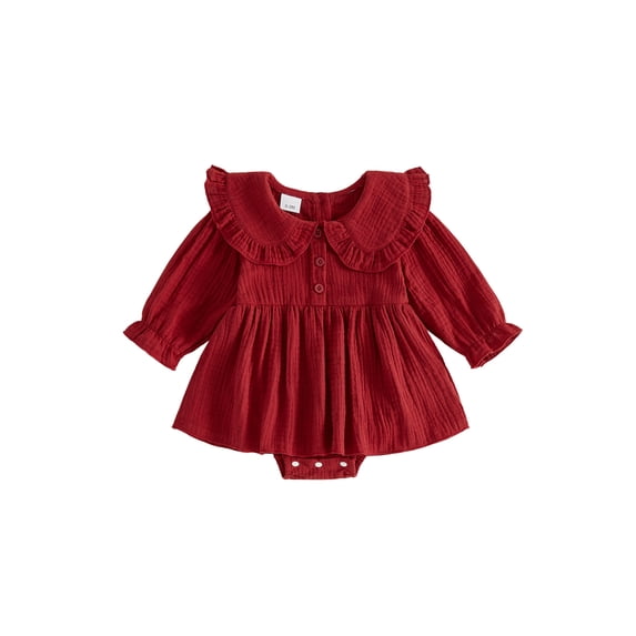Cjfdfy Newborn Baby Girl Christmas Fall Outfit Romper Ruffle Dress A Line Button Doll Collar Long Sleeve Dress Cute Infant Coming Home Fall Winter Outfit 0-18M