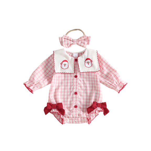 Cjfdfy Newborn Baby Girl Christmas Fall Outfit Santa Plaid Long Sleeve Collared Romper And Bow Headband Infant Cute My First Christmas Fall Winter 0-18M