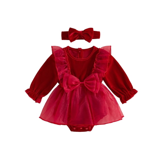 Cjfdfy Newborn Baby Girl Christmas Fall Outfit Velvet Long Sleeve Ruffle Sheer Tulle Romper Dress And Bow Headband Infant Cute My First Christmas Fall Winter Outfit 0-18M