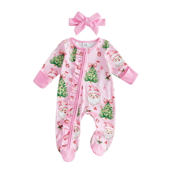 Cjfdfy Newborn Baby Girl Christmas Footed Romper Christmas Tree Santa Print Zip-up Long Sleeve Footed Bodysuit And Headband Infant Cute My Christmas Fall Winter Outfit 0-9M