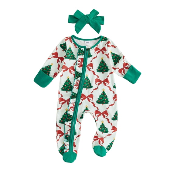 Cjfdfy Newborn Baby Girl Christmas Footed Romper Christmas Tree Santa Print Zip-up Long Sleeve Footed Bodysuit And Headband Infant Cute My Christmas Fall Winter Outfit 0-9M