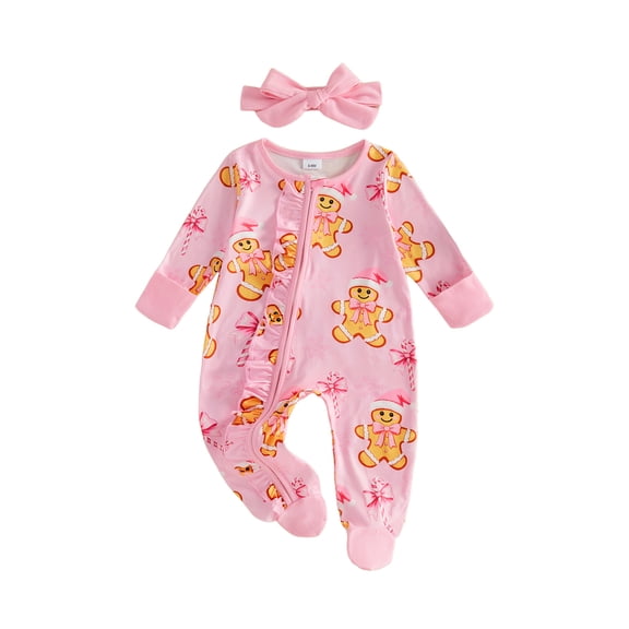 Cjfdfy Newborn Baby Girl Christmas Footed Romper Gingerbread Man Print Zip-up Long Sleeve Footed Bodysuit And Headband Infant Cute My Christmas Fall Winter Outfit 0-9M