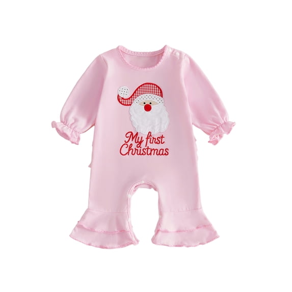 Cjfdfy Newborn Baby Girl Christmas Outfit Christmas Santa Embroidery Long Sleeve Ruffled Flared Pants Bodysuit Infant Cute My First Christmas Fall Winter Clothes 0-18M