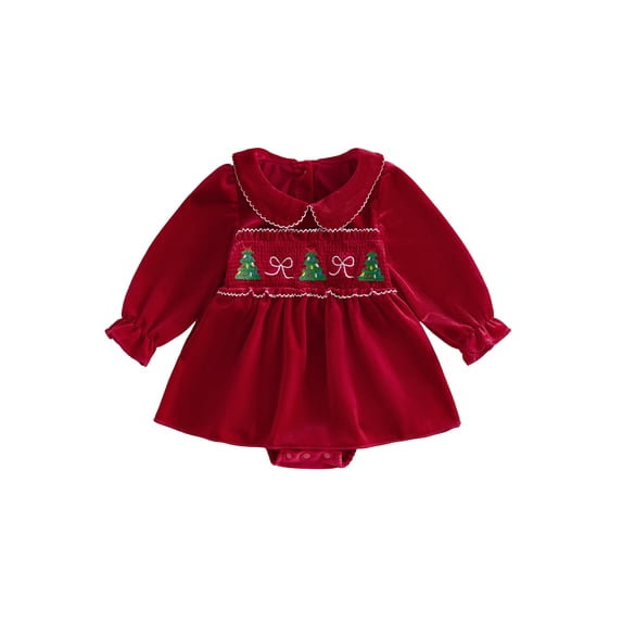 Cjfdfy Newborn Baby Girl Christmas Outfit Christmas Tree Bow Velvet Romper Classic Bubble Long Sleeve Doll Collar Bodysuit A-line Dress Cute My First Christmas Fall Winter Outfits