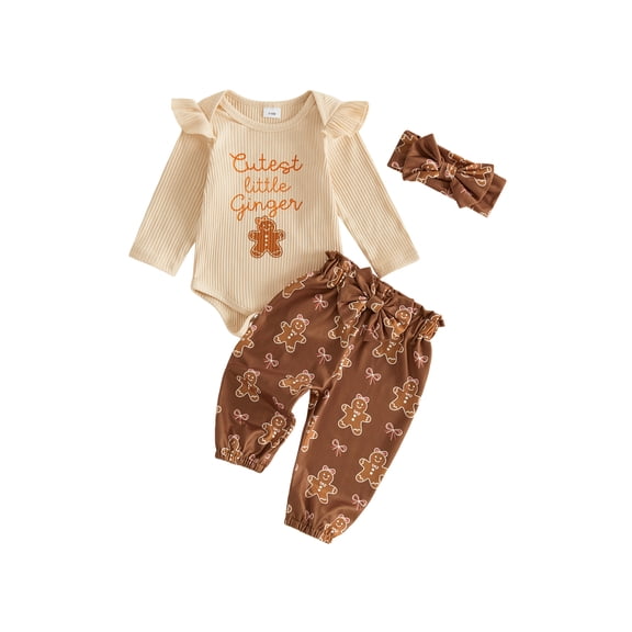 Cjfdfy Newborn Baby Girl Christmas Outfit Cutest Little Ginger Ruffle Long Sleeve Ribbed Romper Pants and Bow Headband Set Infant Cute My First Christmas Fall Winter Outfits 0-18M 