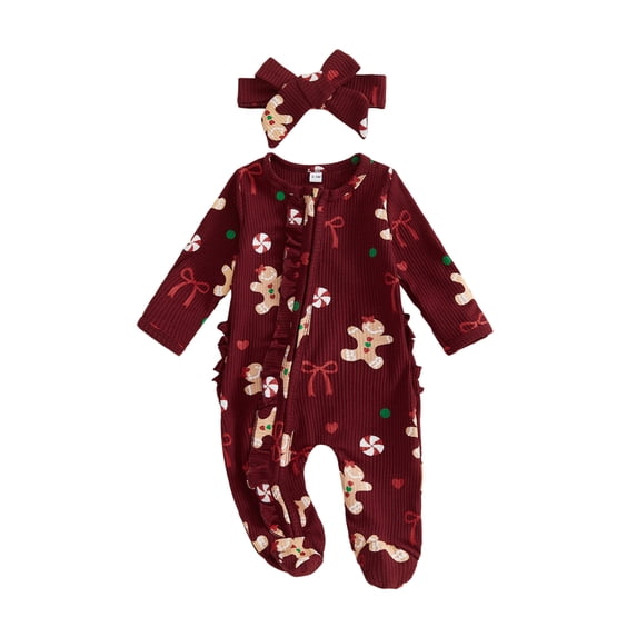 Cjfdfy Newborn Baby Girl Christmas Outfit Gingerbread Man Printed Ruffle Long Sleeve Zipper Footed Romper And Headband Infant Cute First Christmas Knit Sweater Jumpsuit Fall Winter Outfits