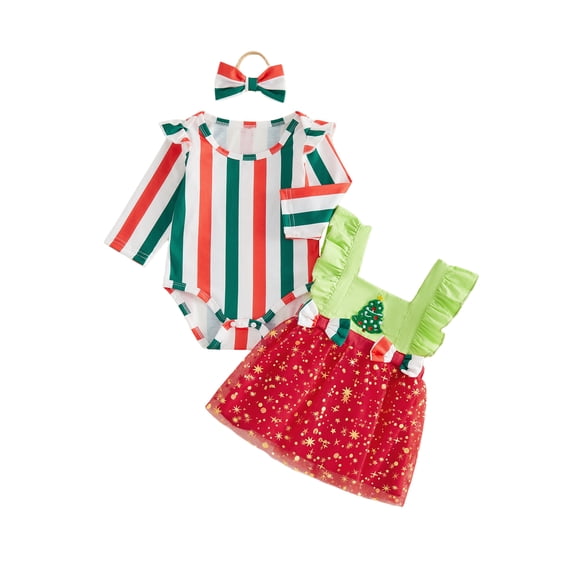 Cjfdfy Newborn Baby Girl Christmas Outfit Long Sleeve Romper Santa Embroidery Tulle Star Patchwork Dress Bow Headband 3 Piece Set Infant Christmas Dress Fall Winter Clothes Set 0-24M