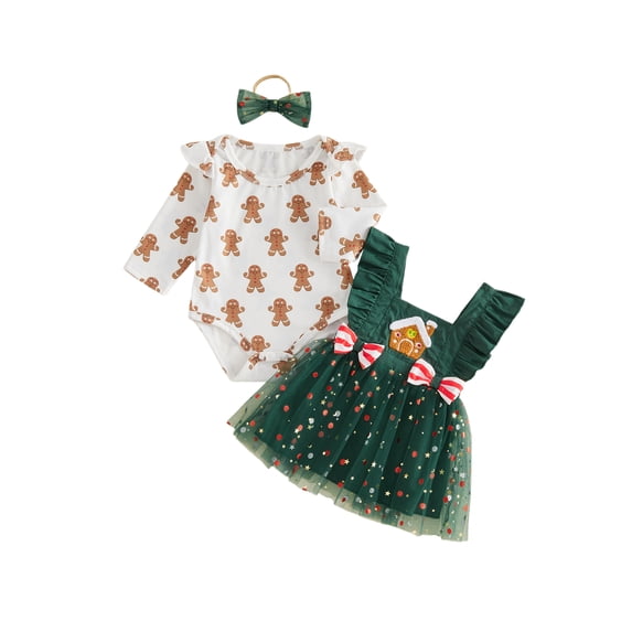 Cjfdfy Newborn Baby Girl Christmas Outfit Long Sleeve Romper Santa Embroidery Tulle Star Patchwork Dress Bow Headband 3 Piece Set Infant Christmas Dress Fall Winter Clothes Set 0-24M