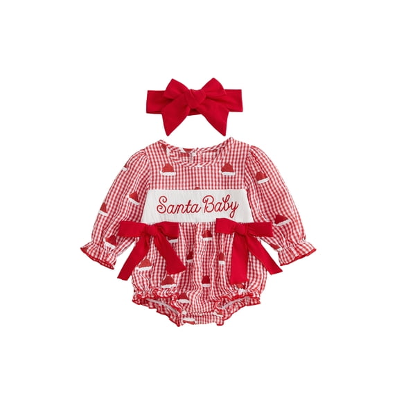 Cjfdfy Newborn Baby Girl Christmas Outfit Red Plaid Bubble Romper Cute Santa Baby Letter Embroidery Long Sleeve Round Neck Bodysuit with Bow Headband Christmas Infant Bow Playsuit