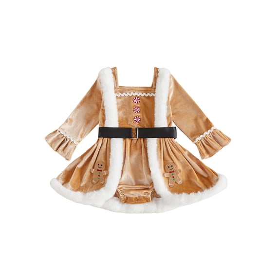 Cjfdfy Newborn Baby Girl Christmas Outfit Romper Dress Velvet Long Sleeve Square Neck Jumpsuit Gingerbread Man Santa Costume Christmas Princess Dress Cute Winter Clothes