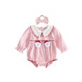 thumbnail image 1 of Cjfdfy Newborn Baby Girl Christmas Outfit Romper Santa Patches Plaid Long Sleeve Bubble Romper And Bow Headband Infant Cute My First Christmas Fall Winter Clothes 0-18M, 1 of 9