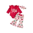 thumbnail image 1 of Cjfdfy Newborn Baby Girl Christmas Outfits Holly Jolly Print Long Sleeve Ruffle Romper Candy Print Flare Pants Headband 3Pcs Infant Cute My First Christmas Fall Winter Clothes 0-18M, 1 of 9