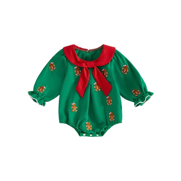 Cjfdfy Newborn Baby Girl Christmas Romper Gingerbread Man Print Long Sleeve Smoked Bodysuit With Red Sailor Collar Infant Cute My First Christmas Fall Winter Clothes 0-18M
