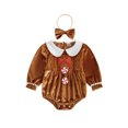 thumbnail image 1 of Cjfdfy Newborn Baby Girl Christmas Romper Gingerbread Man Velvet Long Sleeve Smocked Bubble Bodysuit And Headband Infant Cute My First Christmas Fall Winter Clothes 0-24M, 1 of 9
