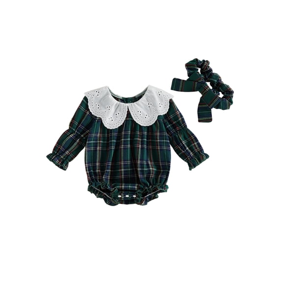 Cjfdfy Newborn Baby Girl Christmas Romper Plaid Print Long Sleeve Ruffle Lace Collar Romper With Headband Infant Cute My First Christmas Fall Winter Outfits 0-18M