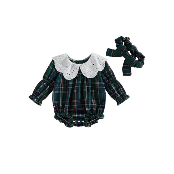 Cjfdfy Newborn Baby Girl Christmas Romper Plaid Print Long Sleeve Ruffle Lace Collar Romper With Headband Infant Cute My First Christmas Fall Winter Outfits 0-18M