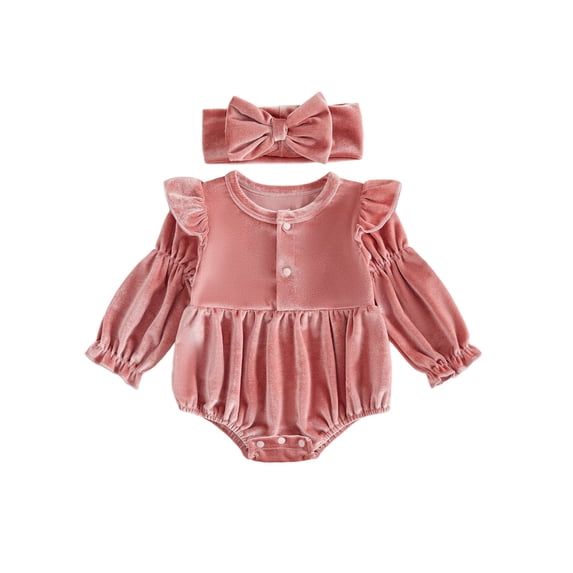 Cjfdfy Newborn Baby Girl Christmas Romper Velvet Long Sleeve Bubble Bodysuit With Bow Headband Infant Cute My First Christmas Holiday Fall Winter Set 0-18M