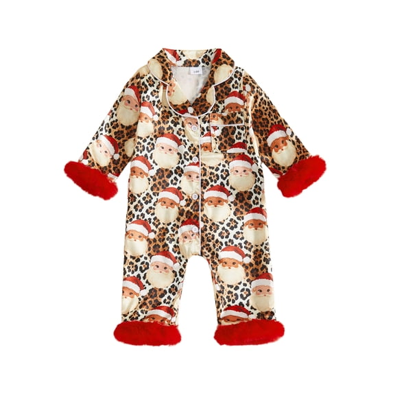 Cjfdfy Newborn Baby Girl Christmas Satin Pajamas Romper Santa Claus Printed Long Sleeve Furry Trim Jumpsuit Infant Cute Christmas Holiday Fall Winter Sleepwear 0-18 Months
