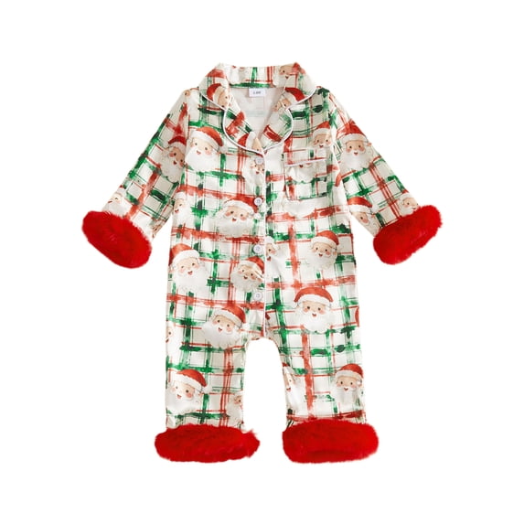 Cjfdfy Newborn Baby Girl Christmas Satin Pajamas Romper Santa Claus Printed Long Sleeve Furry Trim Jumpsuit Infant Cute Christmas Holiday Fall Winter Sleepwear 0-18 Months