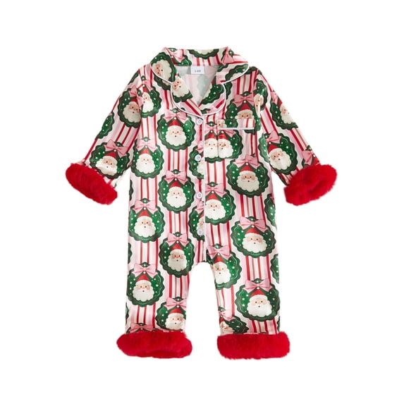 Cjfdfy Newborn Baby Girl Christmas Satin Pajamas Romper Santa Claus Printed Long Sleeve Furry Trim Jumpsuit Infant Cute Christmas Holiday Fall Winter Sleepwear 0-18 Months
