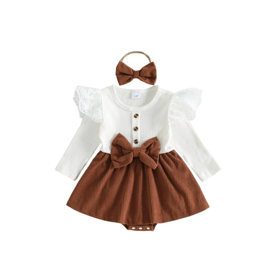 Cjfdfy Newborn Baby Girl Fall Bodysuit Lace Ruffle Ribbed Long Sleeve Corduroy Romper Dress And Bow Headband Infant Cute Fall Winter Holiday Outfit 0-18 Months