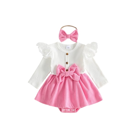 Cjfdfy Newborn Baby Girl Fall Bodysuit Lace Ruffle Ribbed Long Sleeve Corduroy Romper Dress And Bow Headband Infant Cute Fall Winter Holiday Outfit 0-18 Months