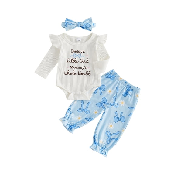 Cjfdfy Newborn Baby Girl Fall Outfit Daddy's Little Girl Print Ribbed Long Sleeve Romper Daisy Bow Pants Headband Infant Cute Coming Home Outfits 0-6M